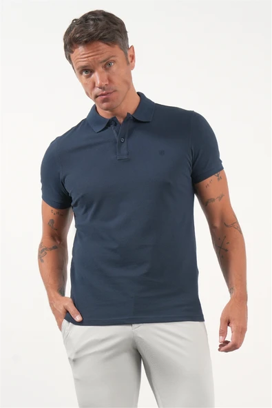 Lacivert Polo Yaka Kısa Kol Cepsiz Slim Fit Pamuklu Tişört 1011260154 ürün görseli 1
