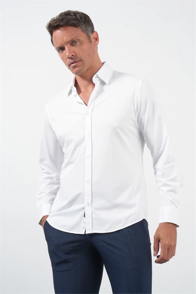 Beyaz Tulum Yaka Uzun Kol Cepsiz Örme Slim Fit Pamuklu Gömlek 1004260208 ürün görseli 1