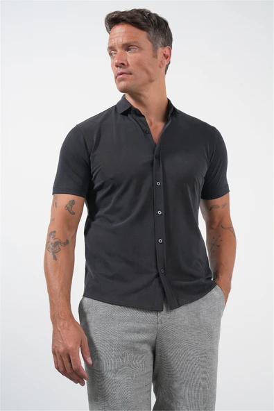 Siyah İtalyan Yaka Kısa Kol Cepsiz Slim Fit Esnek Gömlek 1004260159 ürün görseli 1