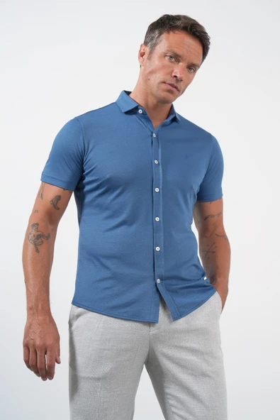 İndigo İtalyan Yaka Kısa Kol Cepsiz Slim Fit Pamuklu Gömlek 1004260158 ürün görseli 1