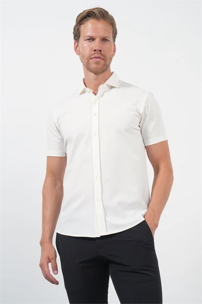 Beyaz İtalyan Yaka Kısa Kol Cepsiz Slim Fit Esnek Gömlek 1004260159 ürün görseli 1