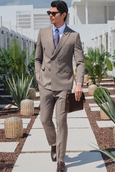 Kahverengi-Beyaz Kırlangıç Yaka Kruvaze 6 Drop Slim Fit Tam Astar Esnek Takım Elbise 1001260171 ürün görseli 1