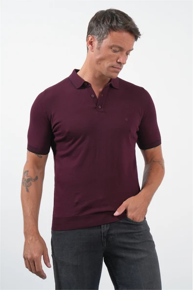 Bordo Polo Yaka Kısa Kol Örme Comfort Fit %100 Pamuk Kazak 1012260151 ürün görseli 1
