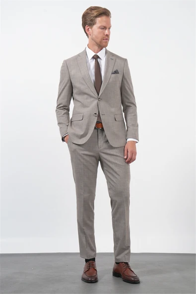 Kahverengi-Beyaz Mono Yaka 6 Drop Slim Fit Tam Astar Esnek Takım Elbise 1001260172 ürün görseli 1