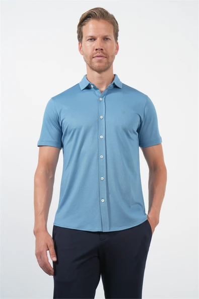 Mavi İtalyan Yaka Kısa Kol Cepsiz Slim Fit Pamuklu Gömlek 1004260158 ürün görseli 1