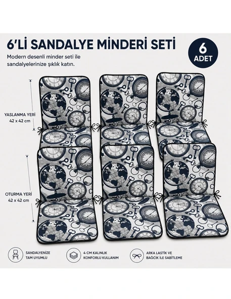 6 Adet Rattan Arkalıklı Sandalye Minderi (Kalınlık 4cm)-Saat Desen Lacivert ürün görseli 1