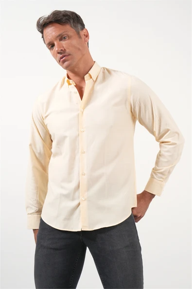 Turuncu Düğmeli Yaka Uzun Kol Slim Fit Pamuklu Gömlek 1004260236 ürün görseli 1