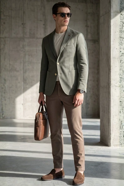 Haki Mono Yaka Gofreli 6 Drop Slim Fit Esnek Ceket 1002260151 ürün görseli 1