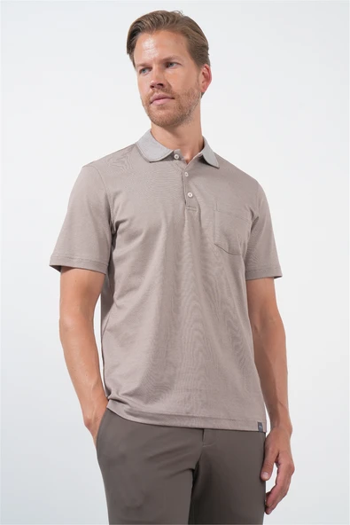 Bej Polo Yaka Kısa Kol Cepli Comfort Fit Pamuklu Tişört 1011260157 ürün görseli 1