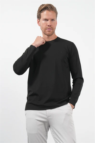Siyah Bisiklet Yaka Uzun Kol Örme Standart Fit Esnek Sweatshirt 1013260150 ürün görseli 1