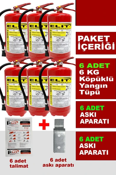 6 Kg Köpüklü Yangın Söndürme Tüpü Askı Aparatı + Talimat Dahil Ruhsata Uygun 6'lı Paket ürün görseli 1