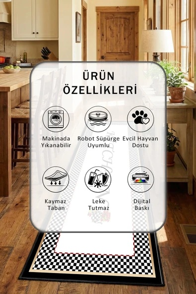 Süslü Kitchen Siyah Yıkanabilir Mutfak Halısı - Resim 2
