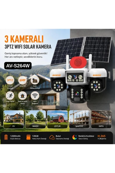 KRNTEKNO 3 Kameralı 3PTZ WiFi Solar Güvenlik Kamerası ÇİFT GÜNEŞ PANELLİ ürün görseli 1