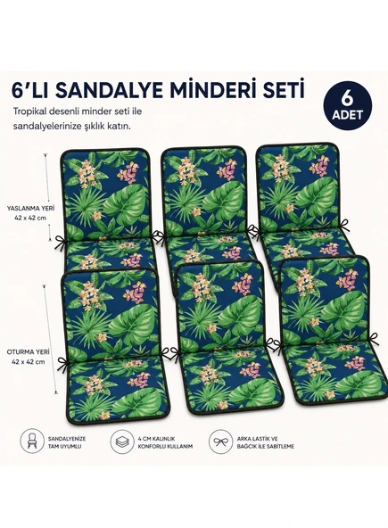 6 Adet Rattan Arkalıklı Sandalye Minderi (Kalınlık 4cm)-Tropikal Yeşil ürün görseli 1