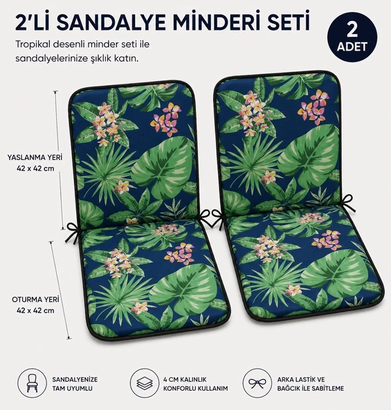 2 Adet Rattan Arkalıklı Sandalye Minderi (Kalınlık 4cm)-Tropikal Yeşil ürün görseli 1