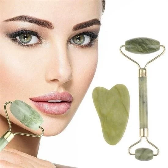 Çift Taraflı 2li Cilt Yüz Masaj Aleti Jade Roller Yeşim  Taşı Seti ürün görseli 1