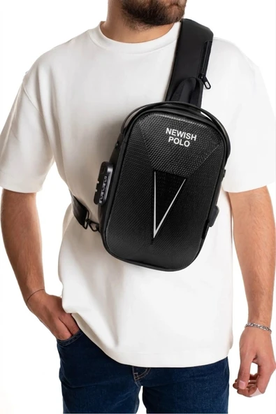 Erkek Şifreli Kilitli Su Geçirmez Tek Sırt Askılı Sling Bag USB ve Kulaklık Çıkışlı Çapraz Omuz Ve Sırt Çantası ürün görseli 1