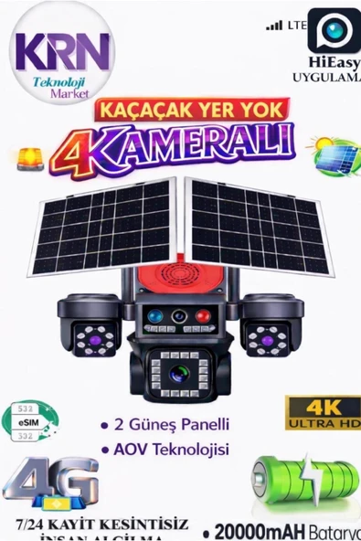 KRNTEKNO 4 Kameralı E-SIM Güneş Enerjili Güvenlik Kamerası–Çift Güneş Paneli, SIM Kartlı AOV Kamera ürün görseli 1