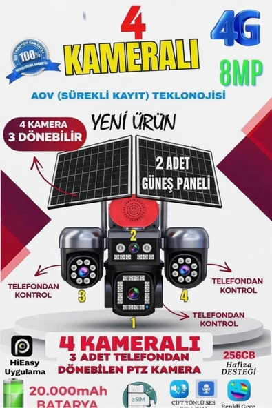 KRNTEKNO 4 Kameralı (3 Motorlu+ 1 Sabit) 8mp E Sim 4g Sim Kartlı Ptz Kamera | Gece Renkli Görüş ürün görseli 1