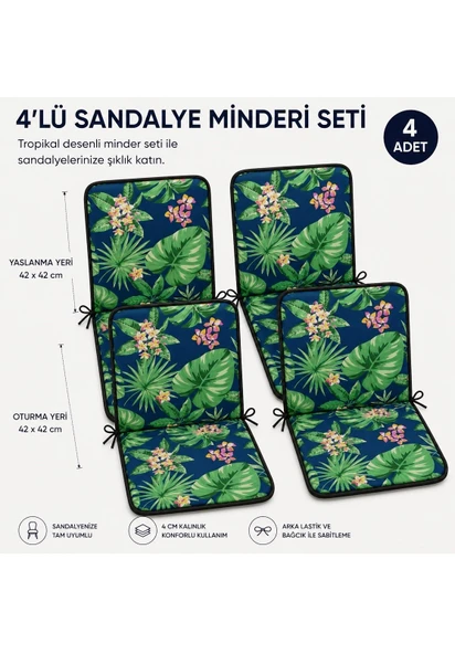 4 Adet Rattan Arkalıklı Sandalye Minderi (Kalınlık 4cm)-Tropikal Yeşil ürün görseli 1