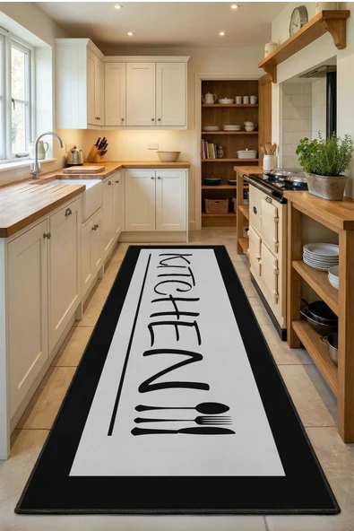 Kitchen Acık Gri Siyah Kenar Siyah Yıkanabilir Mutfak Halısı ürün görseli 1