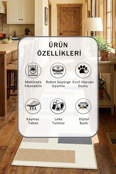 Bej Yıkanabilir Mutfak Halısı - Resim 2