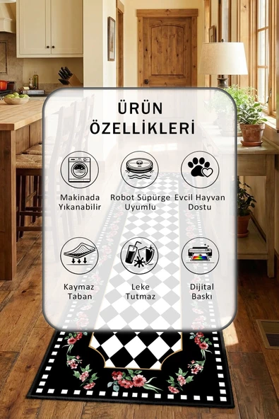 Mimoza Bordo Siyah Yıkanabilir Mutfak Halısı - Resim 2
