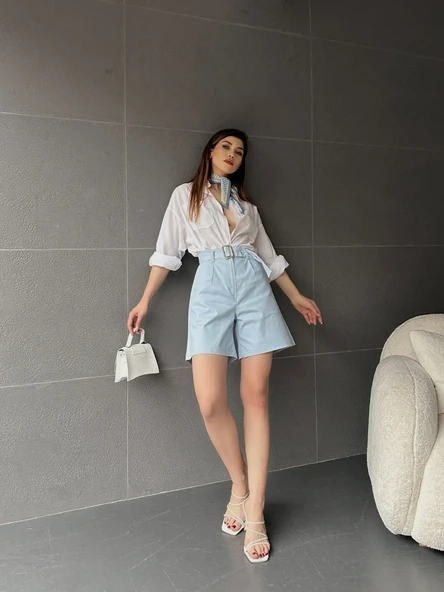 Kuş Gözü Kemerli Geniş Paçalı Mom Şort - Resim 7