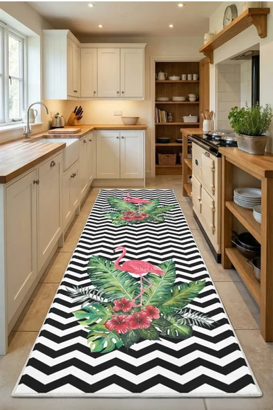 Zigzag Flamingo2 Göbek Beyaz Yıkanabilir Mutfak Halısı ürün görseli 1