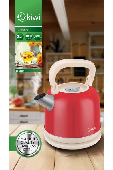 Kiwi Kk-3340 Kırmızı Paslanmaz Çelik  Retro Su Isıtıcı Kettle 2,2 Litre ürün görseli 1