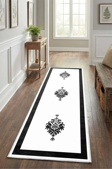 Black Punto Tek Çerçeve Beyaz Siyah Salon Yıkanabilir Yolluk ürün görseli 1