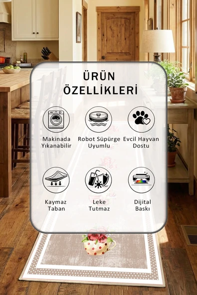 Dınner Bej Yıkanabilir Mutfak Halısı - Resim 2