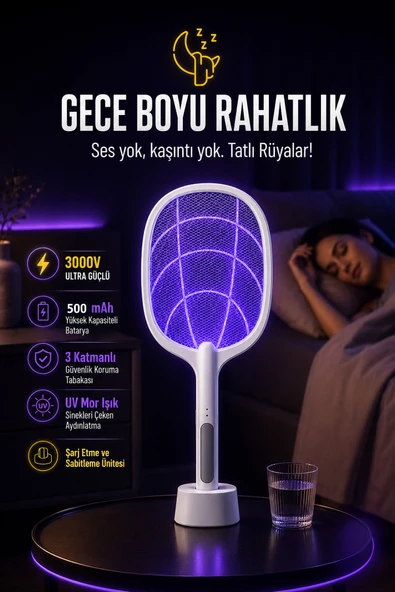 7/24 Şarjlı Elektrikli Sinek Raketi Standlı Sivrisinek Haşere Öldürücü  Sineklik Haşere Aleti Z103 ürün görseli 1