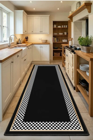 Süslü Kitchen Ortasi Siyah Yazisiz Yıkanabilir Mutfak Halısı ürün görseli 1
