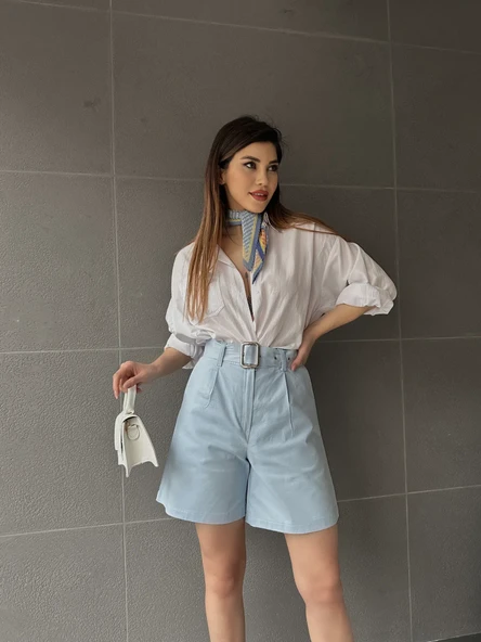 Kuş Gözü Kemerli Geniş Paçalı Mom Şort - Resim 3