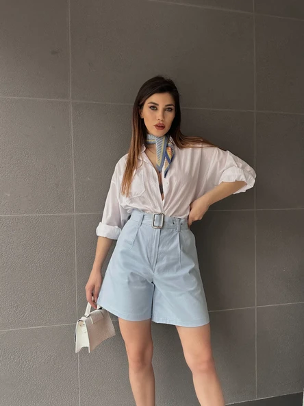 Kuş Gözü Kemerli Geniş Paçalı Mom Şort - Resim 2
