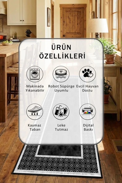 Siyah Yıkanabilir Mutfak Halısı - Resim 2