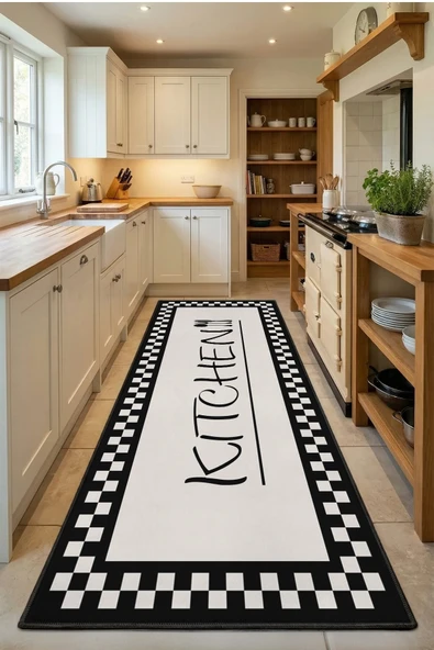Damahome Krem Kitchen Siyah Yıkanabilir Mutfak Halısı ürün görseli 1