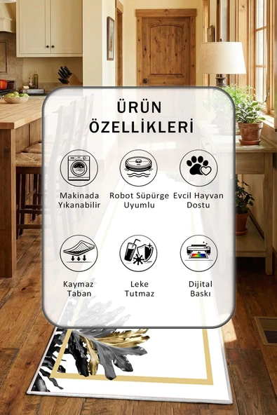 Floransa Byeaz Beyaz Yıkanabilir Mutfak Halısı - Resim 2