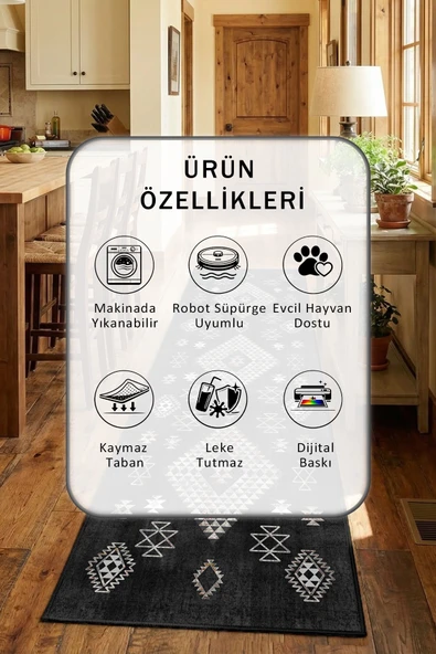 Siyah Yıkanabilir Mutfak Halısı - Resim 2
