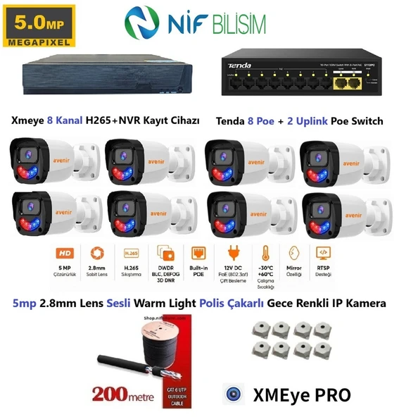 Xmeye 5mp 2.8mm Sabit Lens Polis Çakarlı Sesli Ve Gece Renkli 8 Kameralı IP Kamera Seti Disk Yoktur ürün görseli 1