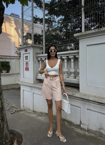 Kuş Gözü Kemerli Geniş Paçalı Mom Şort - Resim 7