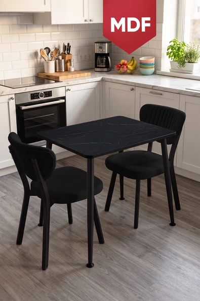 Belek Serisi MDF Sabit 60x90 Siyah Mermer Desen Mutfak Masası Takımı 2 Adet Sandalye ürün görseli 1