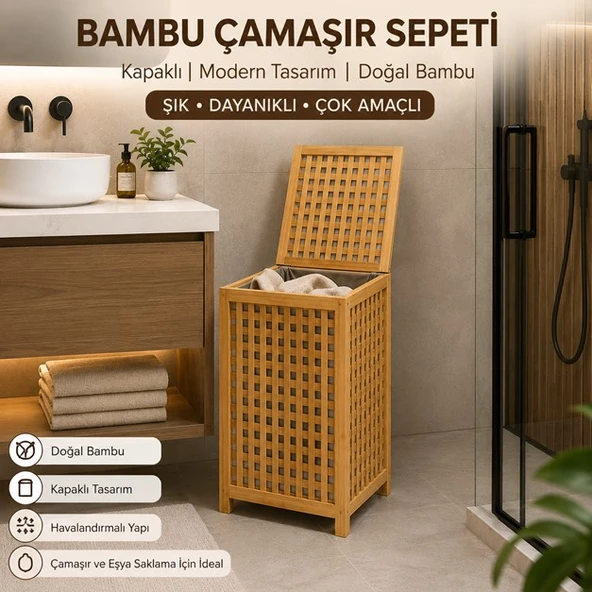Doğal Bambu Çamaşır Sepeti Kapaklı Kirli Çamaşır Saklama Sepeti Banyo Organizeri ürün görseli 1