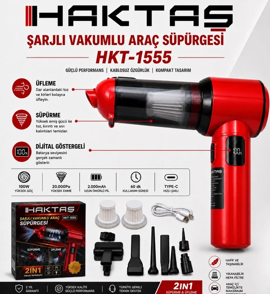Şarjlı Vakumlu Araç Süpürgesi 2 si 1 Arada 20.000Pa Güçlü Emiş  Üfleme Fonksiyonu Dijital Göstergeli Type C Şarjlı ürün görseli 1