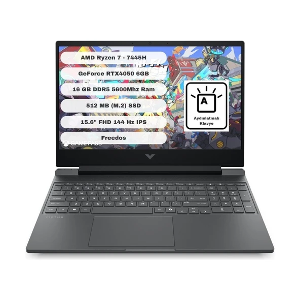 Victus 15-FB3038NT BX9U9EA 6gb RTX4050 Amd Ryzen 7 7445H 16GB Ram 512GB SSD 15.6 Inç Fhd 144Hz Freedos Taşınabilir Bilgisayar ürün görseli 1