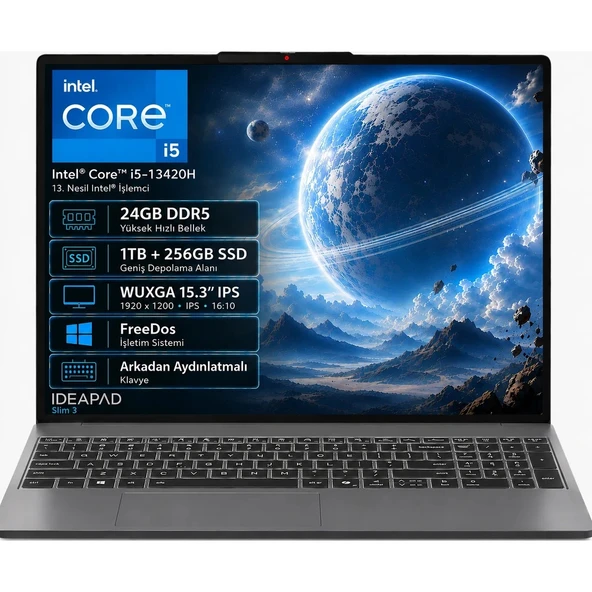 IP3 83K100Q0TR-08 i5-13420H 24GB DDR5 1TB+256GB SSD WUXGA 15.3" IPS FreeDos ürün görseli 1