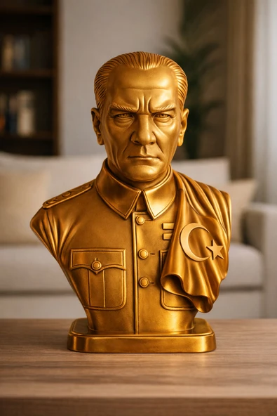 Parlak Bronz Gazi Mustafa Kemal Atatürk Büstü | Dekoratif Masaüstü & Ofis Atatürk Heykeli | ürün görseli 1