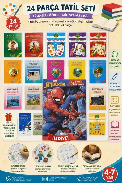 Tatil Seti 24'lü Etkinlik Kavram Boyama Dikkat Matematik 4-7 Yaş Spider Örümcek Adam Hediyeli ürün görseli 1