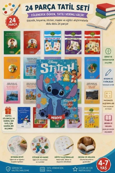 Tatil Seti 24'lü Etkinlik Kavram Boyama Dikkat Matematik 4-7 Yaş Stitch Hediyeli ürün görseli 1